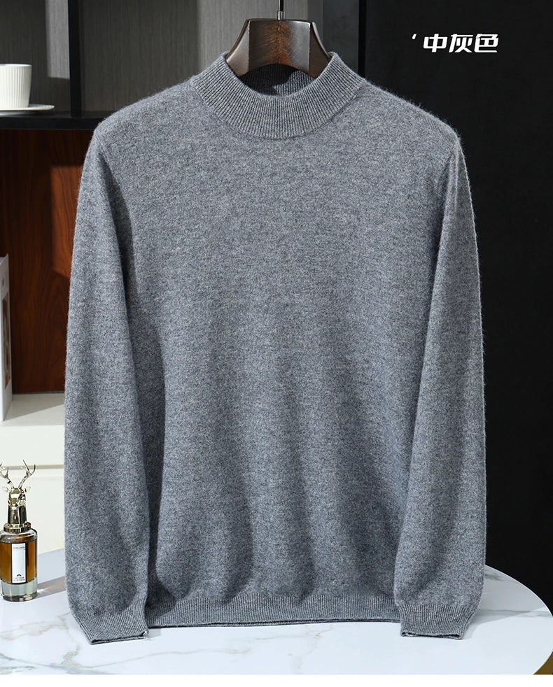 Autumn/Winter Men's 100% Pure Cashmere Pullover Business Casual Solid Knitted Sweater Loose Half High Neck Tops Thick Jumper