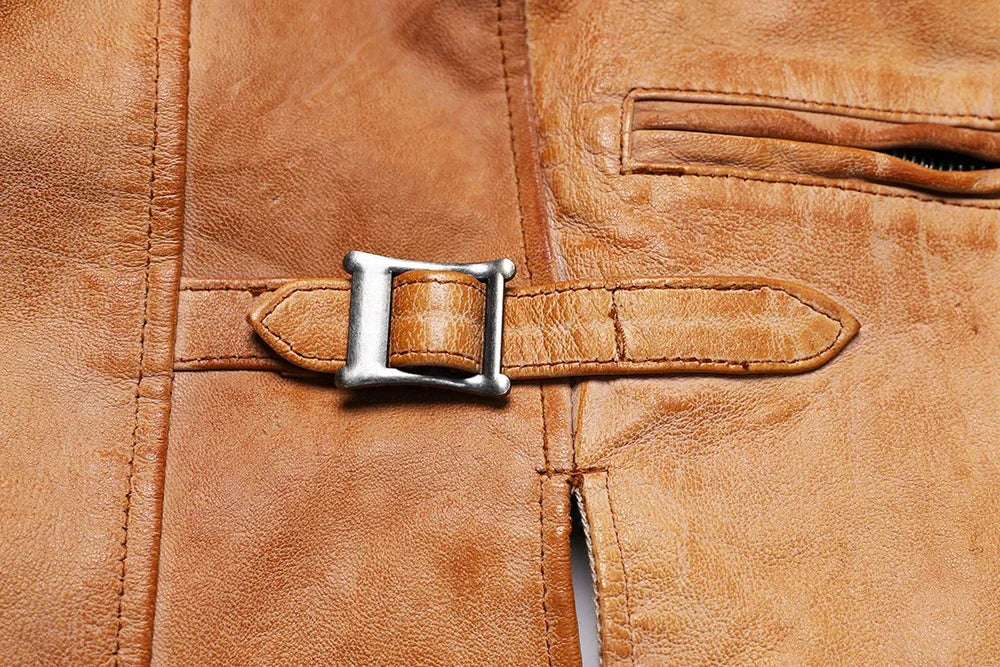Retro Vintage Yellow Sheepskin Leather Vest Men's Goat Leather Sleeveless Jacket V-neck Amikaki Slim Short Waistcoat Man