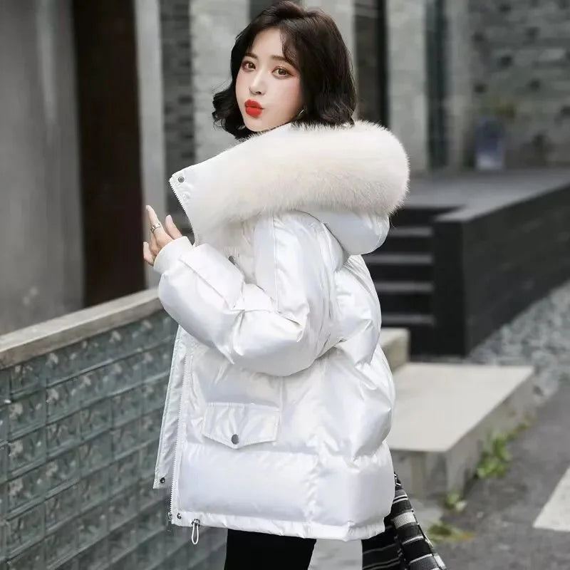 2026 Winter Fashion New Warm Duck Down Jacket Women's Clothes Glossy Fur collar Thicken Parka Short Down Coat Female Trend