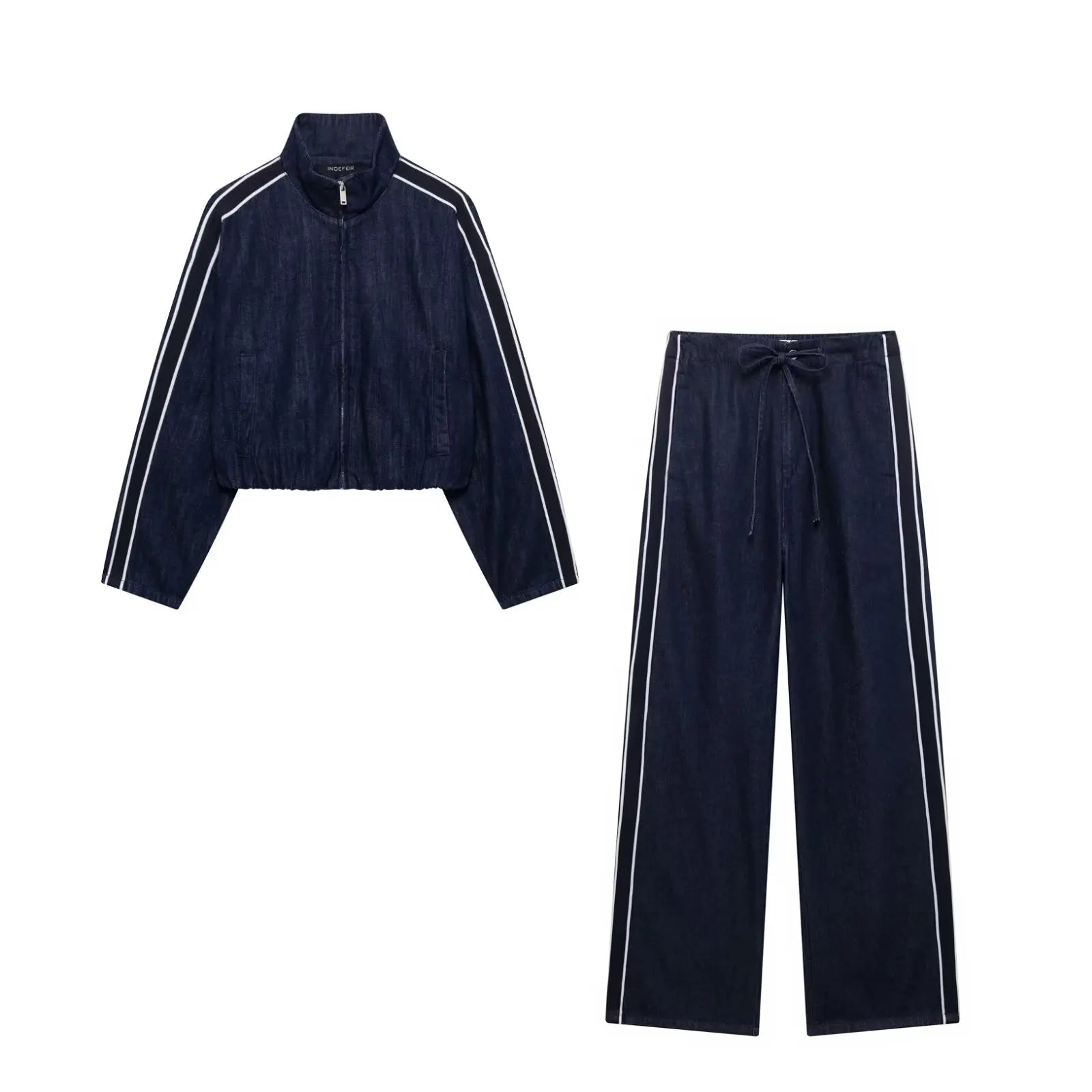 KONDALA Women High Street Denim Set Spring Fall Trendy Side Stripe Stand Collar Zipper Jacket Lace-up Pant 2026 Casual Pants Set