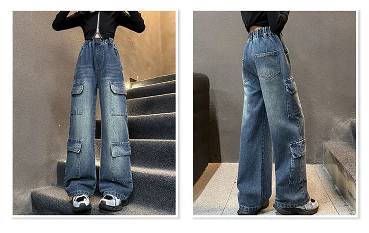 Kids Design Luxury Straight Leg Cargo Jeans with Multi Pocket for Teens Girl Cool Denim Pants Tweens Child Casual Jeans Trousers