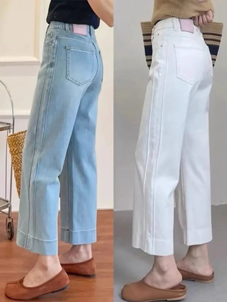 Retro Fashion Solid Color Holiday Denim Straight Pants Women's Summer Large Size High Waist Thin Wide Leg Nine-point Pants
