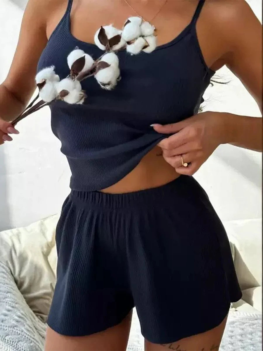 Solid Color Sleeveless Top Shorts 2-piece Set Casual Loose Ribbed Home Wear Summer Women's Sleepwear Set Sexy Accessories Fit