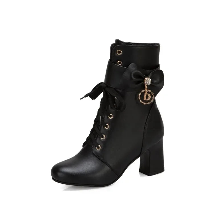 Winter Fashion British Style Round Head High Heels Women Boots Black White Pink Sweet Butterfly-Knot High Heels Women Boots