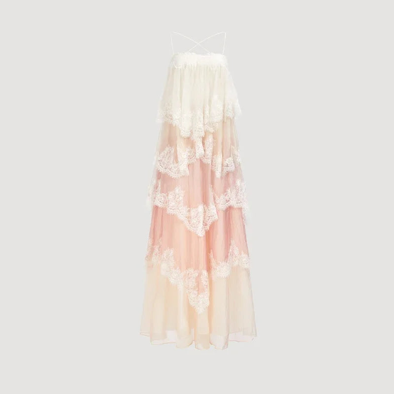 Romantic White Pink Tiered Lace Maxi Dress Spaghetti Straps Cross Back Tie Closure Flowy Skirt Women Date Party Vacation Outfit