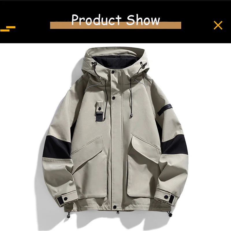 2026 Men Spring Autumn Outdoor Leisure Cargo Hooded Jacket Men Hiking Sport Windbreak Fashion Pocket Loose Jacket Coat Male Hots