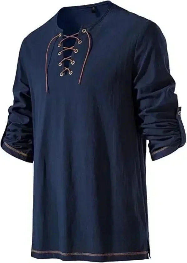 Men Medieval Lace Up Linen Long Sleeve Tunic Viking Pirate Renaissance Cosplay Shirt With Vintage Embossed Leather Belt