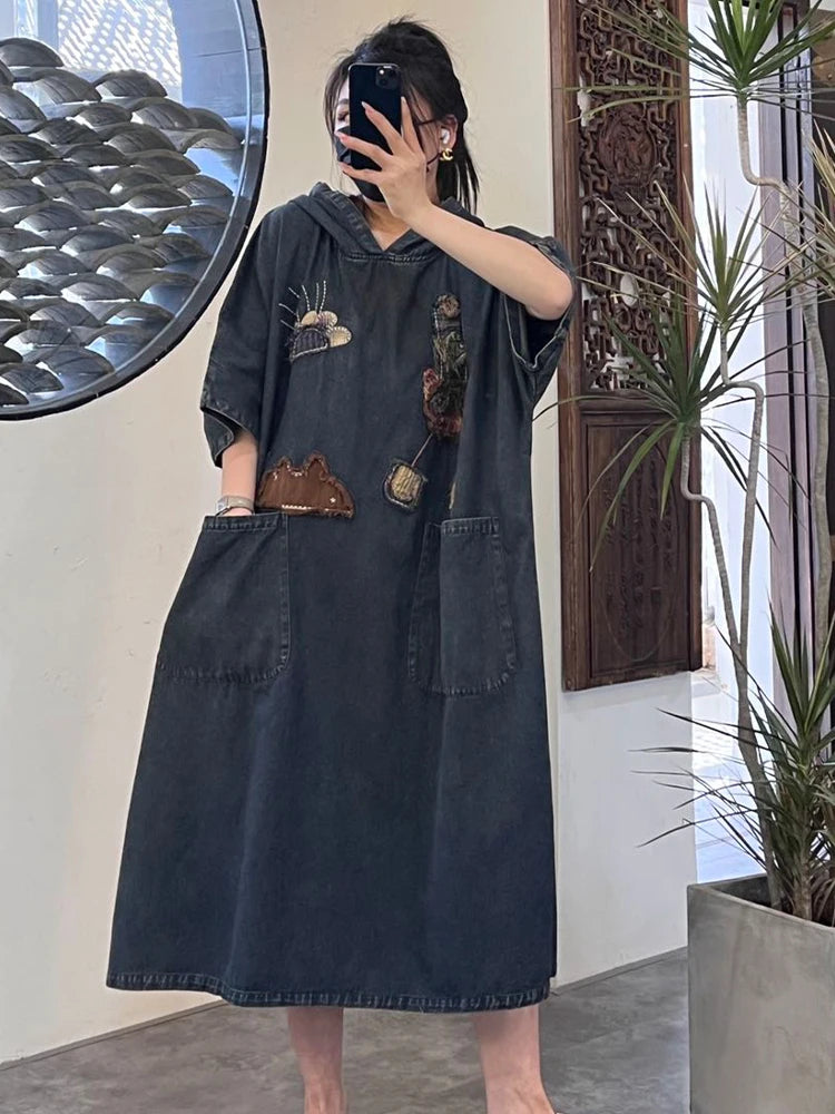 Amax LuluE 2026 Spring Korean Patchwork Hooded Denim Dress Womens Oversized Clothes Ladies Casual Vintage Classic Loose Vestidos