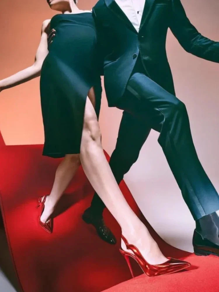 2024 Spring/Summer New Internet Celebrity 12cm Pointed Red Bottom High Heels for Women, Thin Heels, Sexy Back Headless Sandals