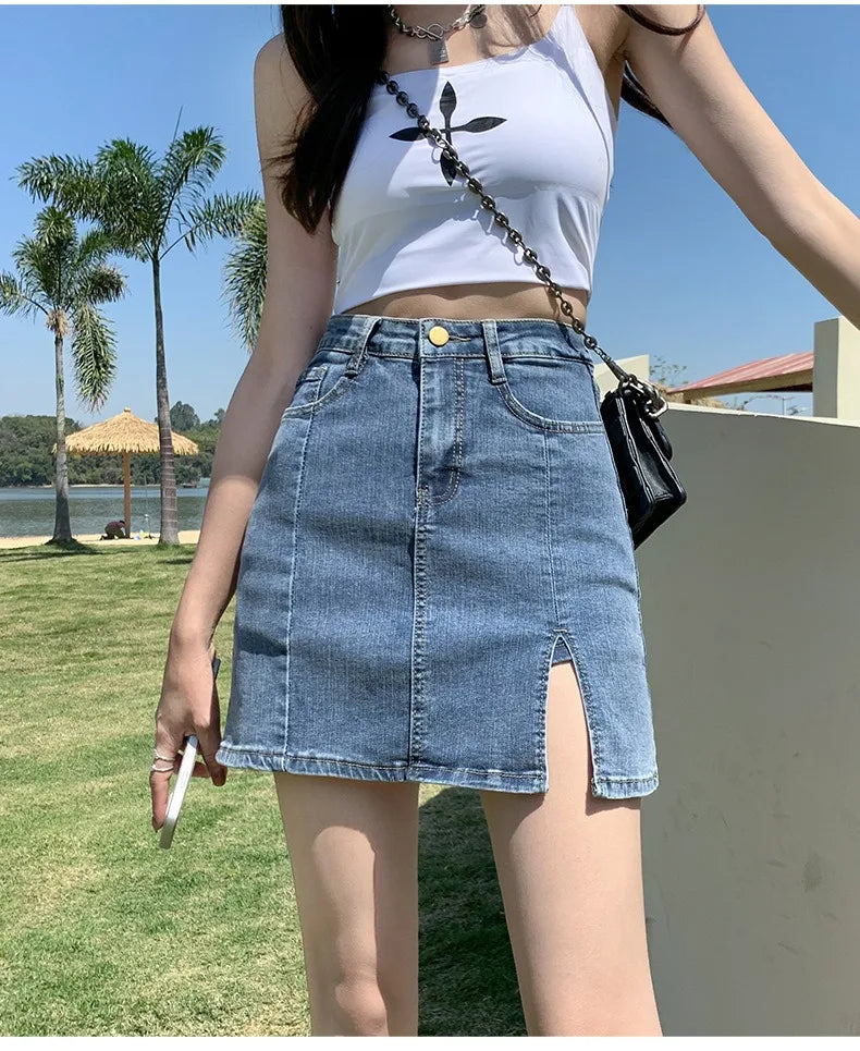 Denim Short Skirt Women's New Summer High Waist Split Half Body Retro Wrapped Hip Skirt  A-line Pant Skirt