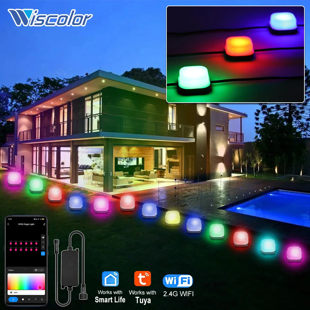 Wiscolor Smart Wifi RGB Lawn Light 30M 30Bulbs IP65 Outdoor Ground LED Light APP Control for Garden Lawn Courtyard