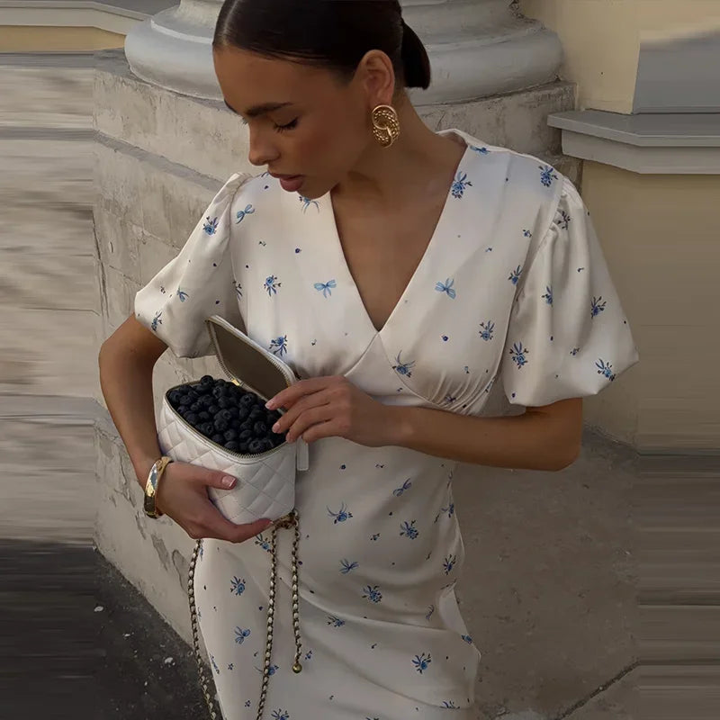 Elegant Print Women Long Dress Fashion V-neck Pleated Flutter Short Sleeve Empire Female Dresses 2026 Summer Chic Female Robe