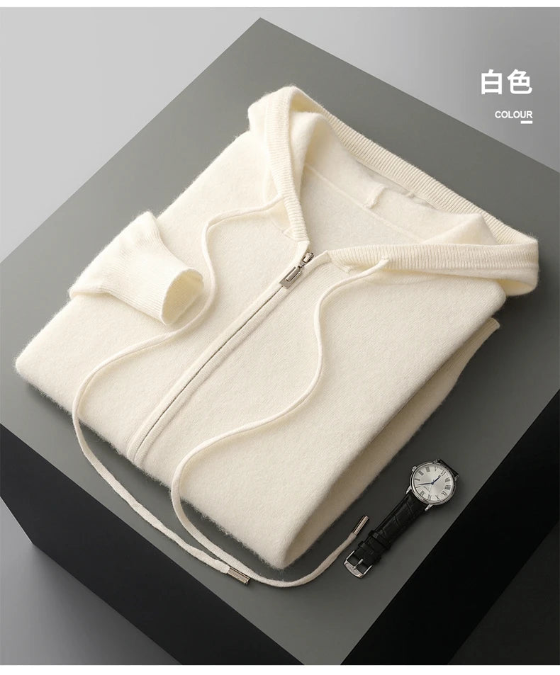 Hot Selling New Style Real Knitted Men's Cardigan Hooded Sweater Loose Full Sleeves Autumn and Winter Men's Pure Wool Sweater