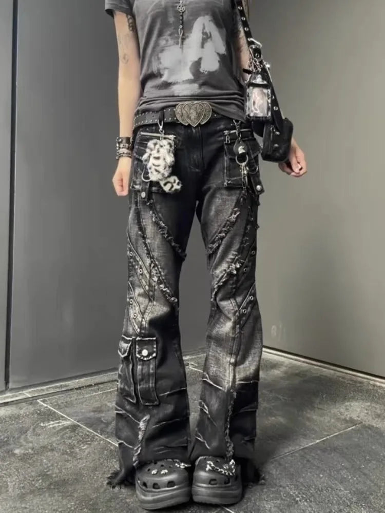 Women's Denim Pants Dark Academia Cargo Jean Flared Bell Bottom Designer Kpop Japanese 2026 Autumn Winter Y2k 2000s Goblin Core