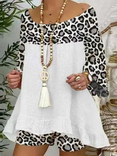 Linen Blouse Tops And Loose Shorts Suit Vintage Two Piece Set Print Sets Female Leopard Patchwork Outfit