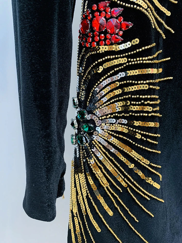 HIGH STREET Newest 2026 Designer Fashion Women's Long Sleeve Stunning Sequined Rhinestone Diamonds Beaded Velvet Dress