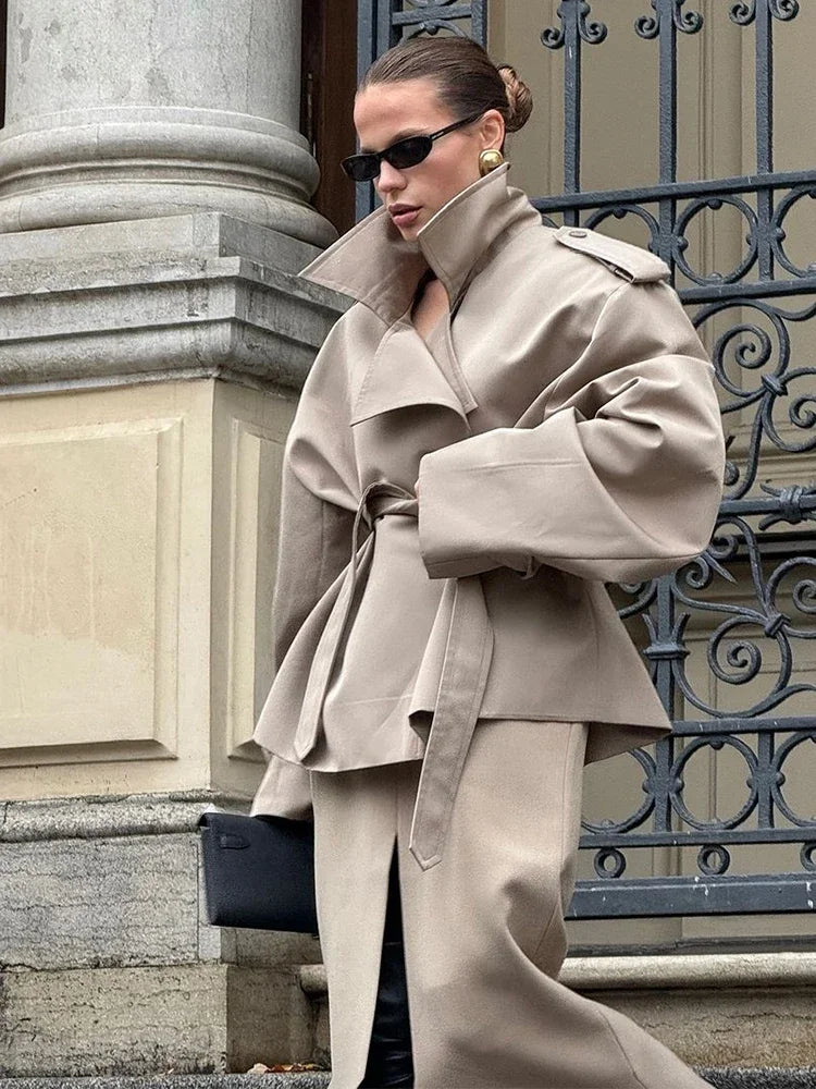 Khaki Lace Up Cape Trench Coat Loose Solid Full Sleeve Lapel Windbreaker 2026 Autumn New Fashion Commute Casual Daily Coats