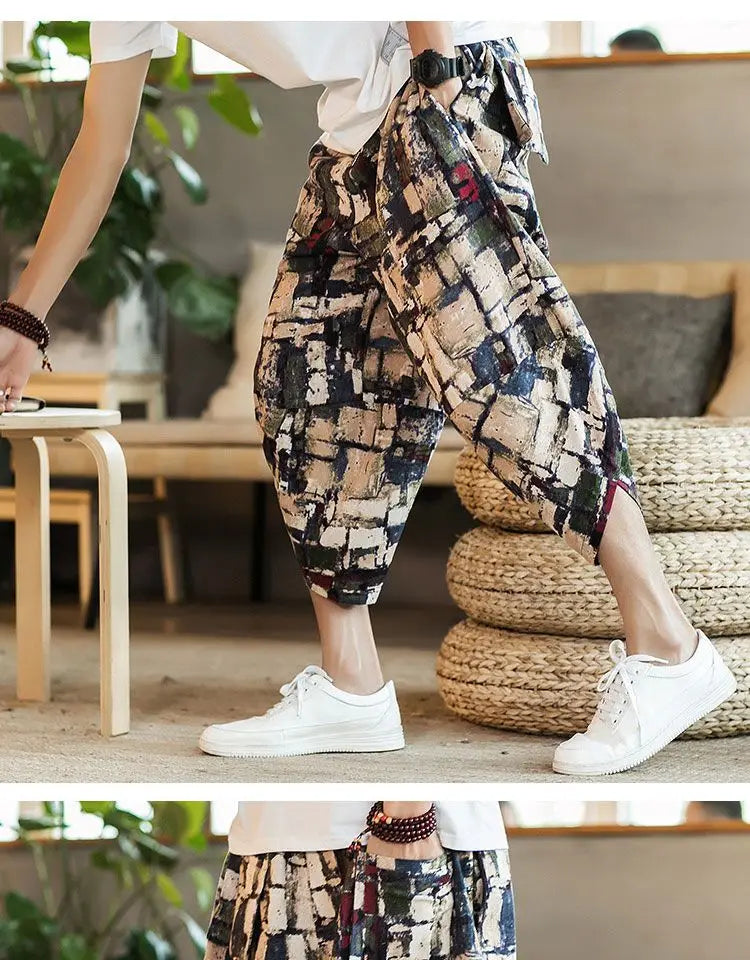 Men's Casual Cotton Linen Seven-Foot Pants Summer plus Size Lantern Loose Fit Shorts Harlan Style Comfortable Breathable Leis...
