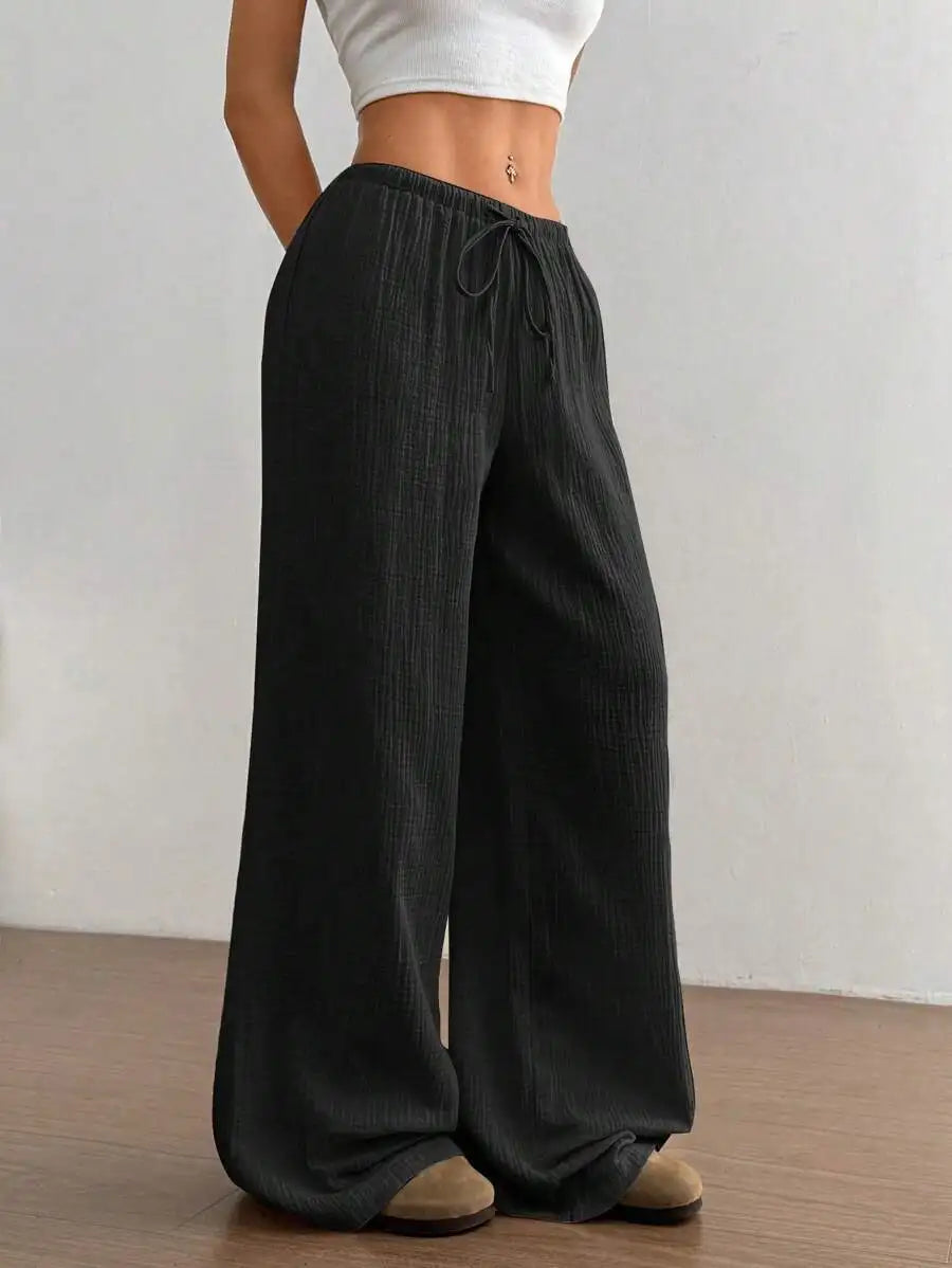 Women's Elegant Versatile Elastic Waist Comfortable Casual Pant Slightly Elastic Simple Solid Color High Waist Wide-leg Pants