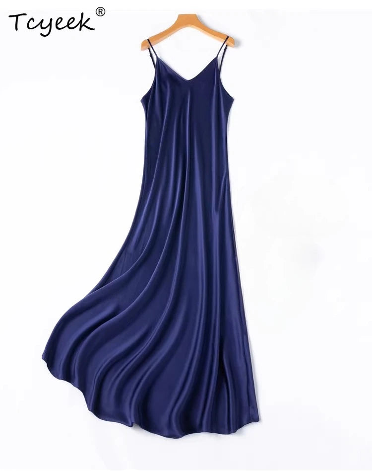 Tcyeek Woman Long Dress, 100%Real Silk, V Neck, Solid Spaghetti Strap Dresses, 2025 Elegant Chic Clothes