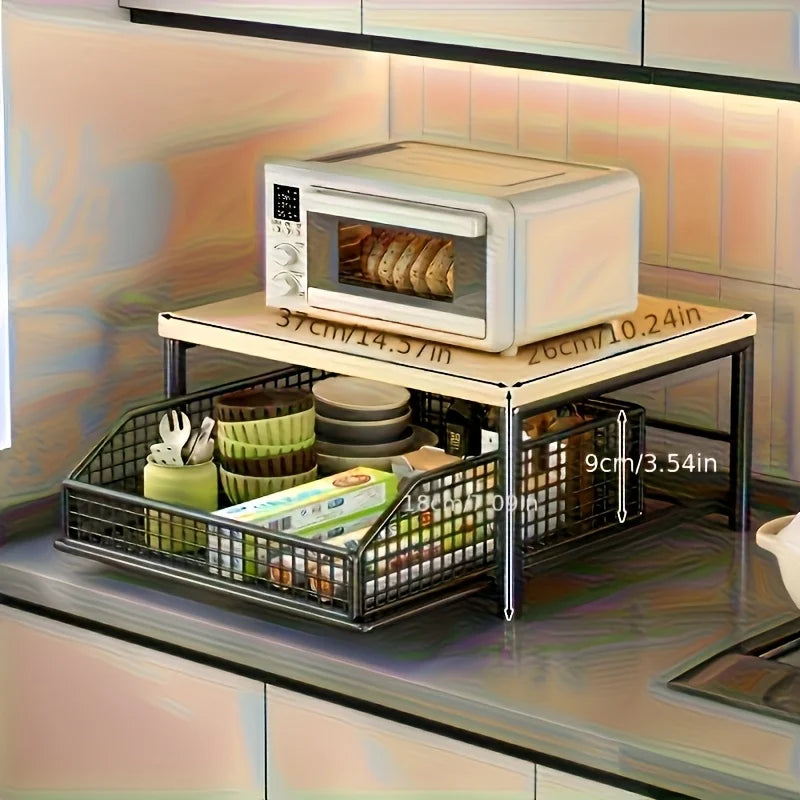 Space-Saving Kitchen Countertop Organizer with Drawer & Wire Basket - Sturdy Hardwood  Shelf for Coffee Maker.