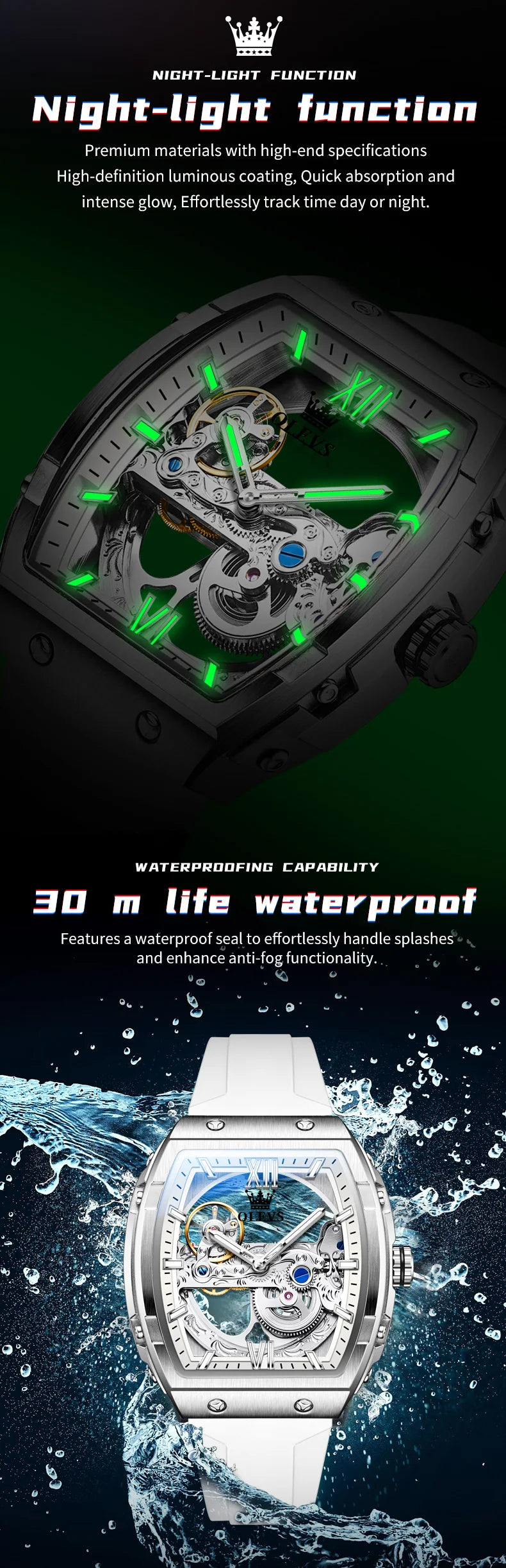 OLEVS 6779 Transparent Hollow Mechanical Men's Watches Fashion Luxury Silicone Strap Waterproof Skeleton Automatic Watch For Man