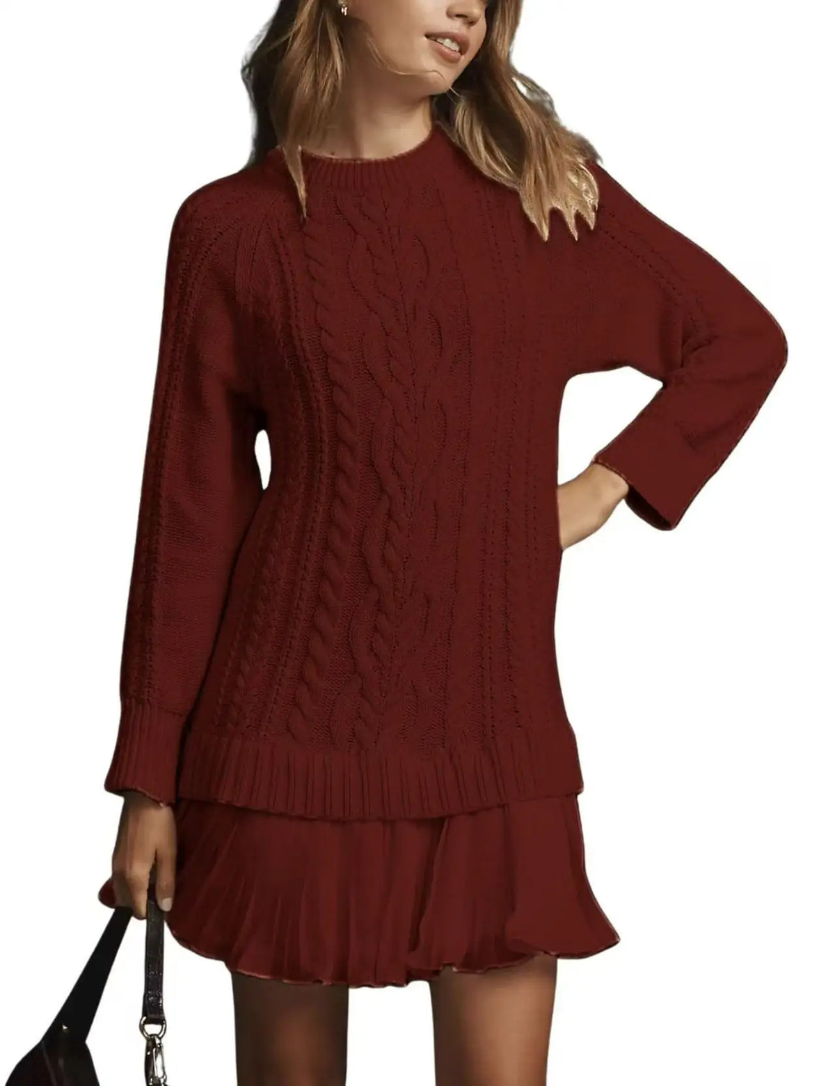 2025 Winter Long Sleeve Twist Knitted Sweater Dress Woman Ruffle Chiffon Pleated Dresses Fall Solid Warm A-Line Pullover Dress
