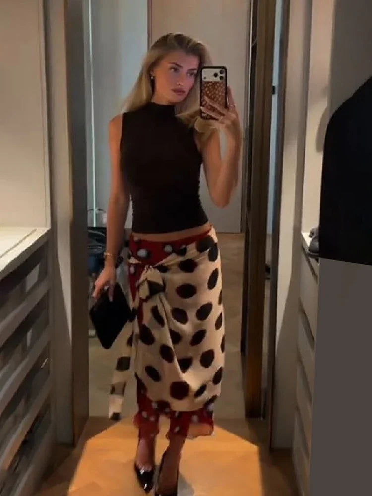 Bohemian Contrast Polka Dot Wrap Skirt Women Vintage Tie Waist Lace Up Chiffon Midi Skirts Coffee Dating Night Out Wear 2026 New