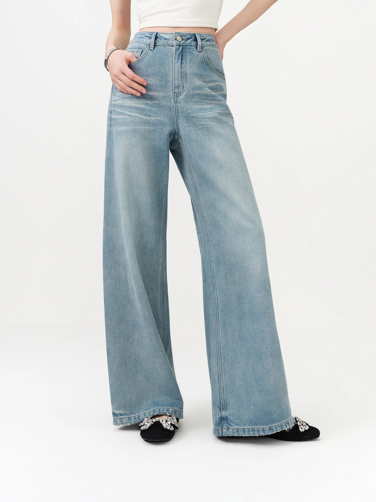 FSLE New Summer Women‘s Wide Leg Jeans Vintage Washed Straight Wide Leg Pants High Waist Denim Trousers Casual Street Style Chic