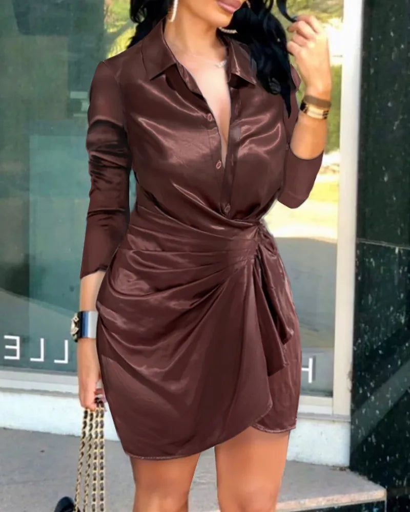 Summer Autumn New Elegant Ladies's Dress 2024 V-neck Strap Solid Color Elastic Waist Bag Hip Printed Long Sleeve Shirt Dress