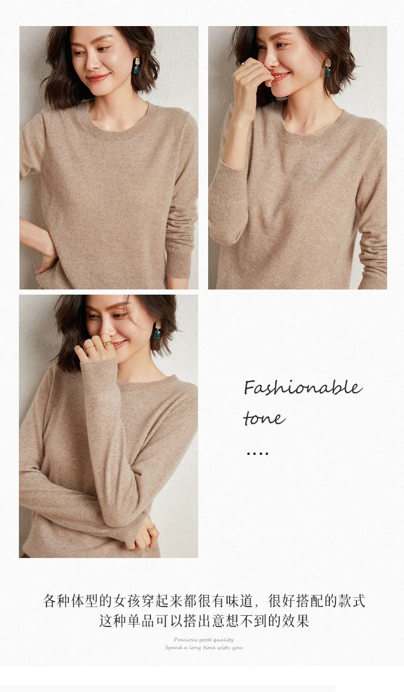 100%Merino Pure Wool Pullover Sweater For AutumnWinter Women's Round Neck Warm High-Quality Solid Color Basic Knitted Jumper Top