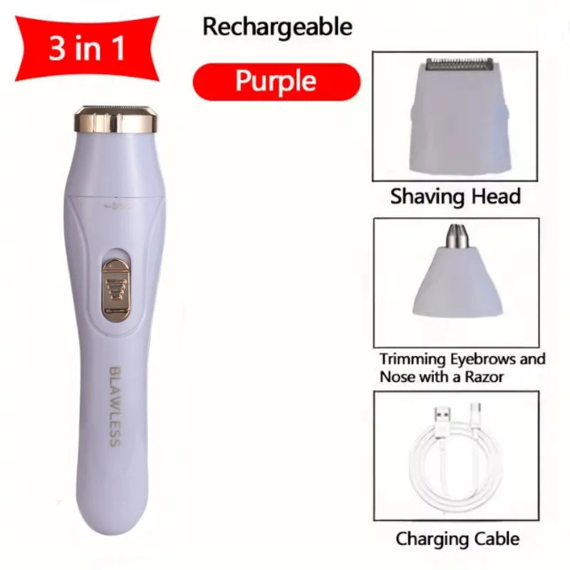 3‑in‑1 Women Electric Hair Remover Facial Body Hair Trimmer Painless Shaver for Nose Eyebrow Leg Armpit Bikini Line USB Charging