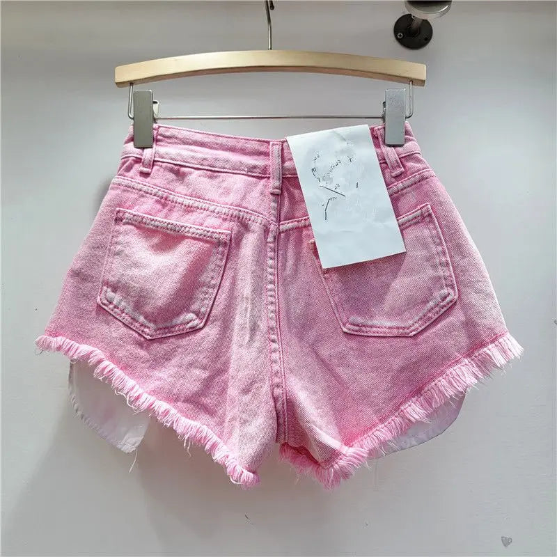 Leaking Pocket Street Hole Washed Retro Blue Denim Shorts 2026 Summer New Spice Girl Fashion Jeans Hot Pants Shorts Women