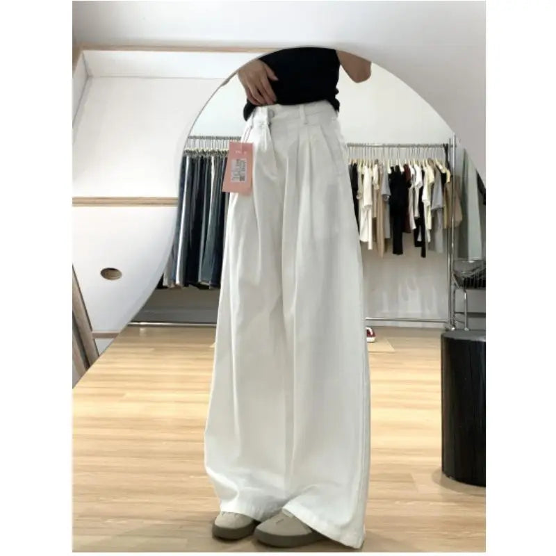 New Simple Basic Slim Women Jeans Casual Loose Fashion Street Woman Jeans Autumn High Waisted White Wide Leg Pants Female Chic