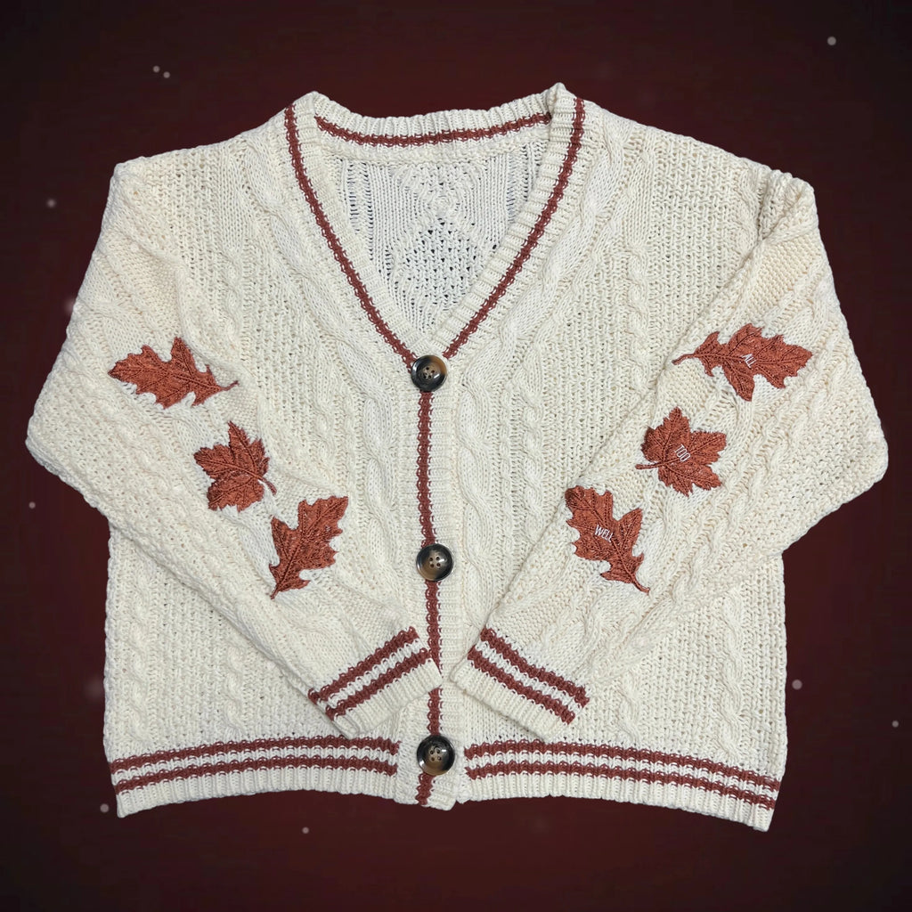 Autumn Leaves Knitted Cardigan Women Red Maple Leaf Embroidered Oversized Cardigan Folklore Girl Fall Winter Low V-neck Sweater