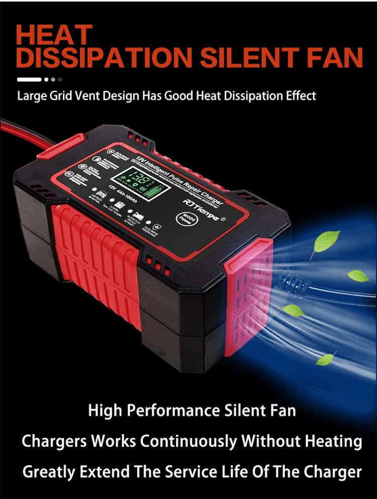 Car Battery Charger 12V 6A Touch Screen Pulse Repair LCD Fast Power Charging Wet Dry Lead Acid Digital LCD Display