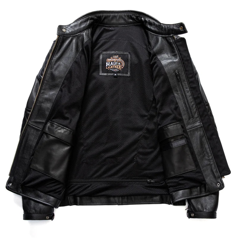 2023 New Top Layer Cowhide  Leather  Jacket Men Black Stand Collar Short Genuine Leather Coat High Quality  Motorcycle Jackets