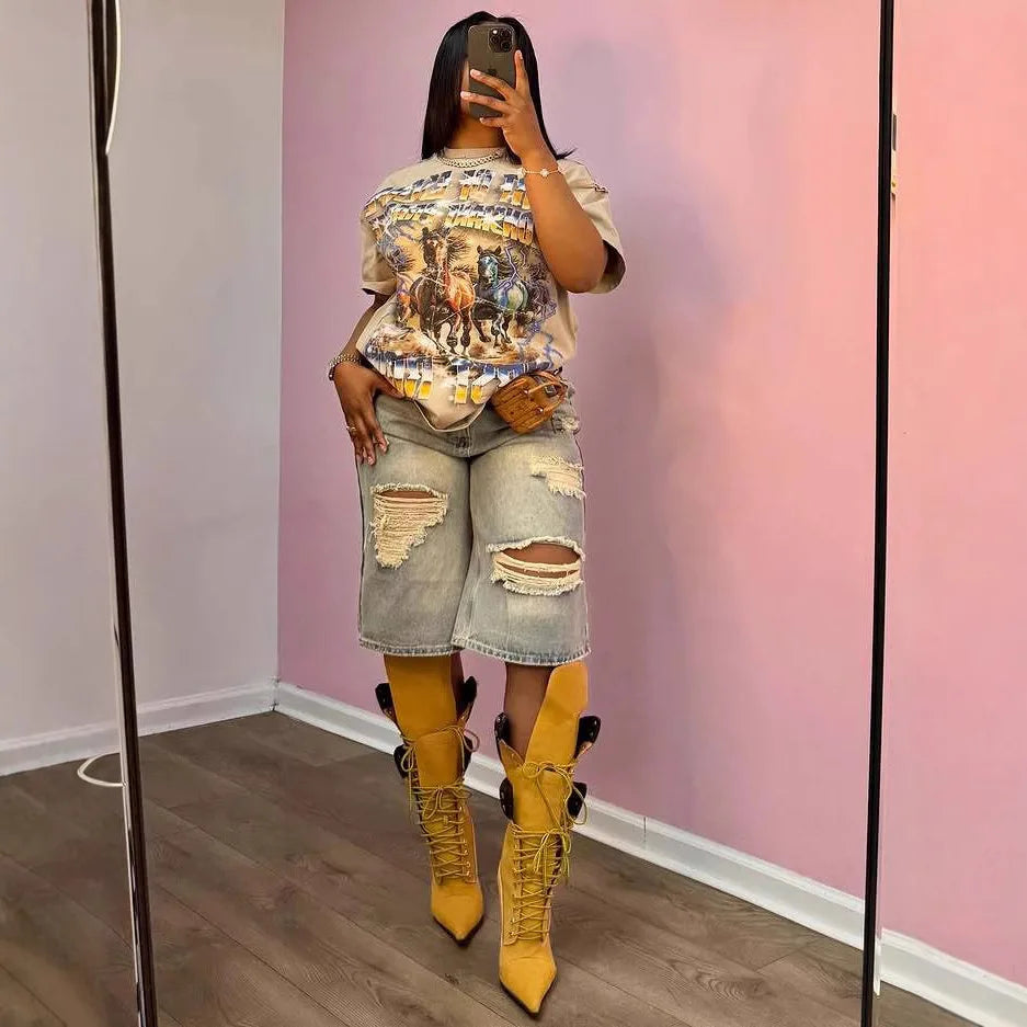 Europe America Summer New High-waisted Loose, Vintage, Ripped Denim Mid-length Straight-leg Wide-leg Pants. Casual Denim Shorts