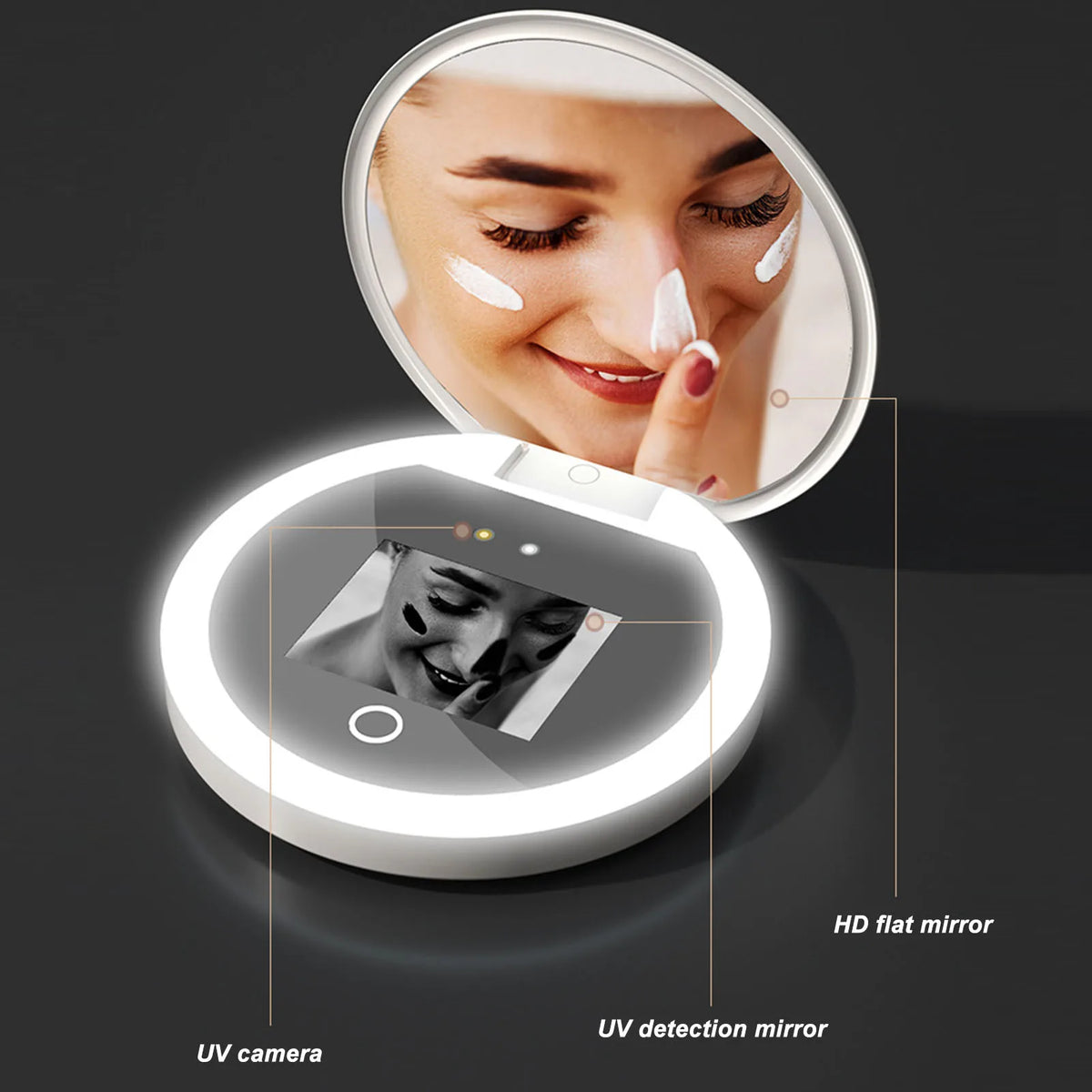 UV Mirror Sunscreen Testing Camera with Light 2X Magnification Travel Makeup 3.5in Pocket Size L