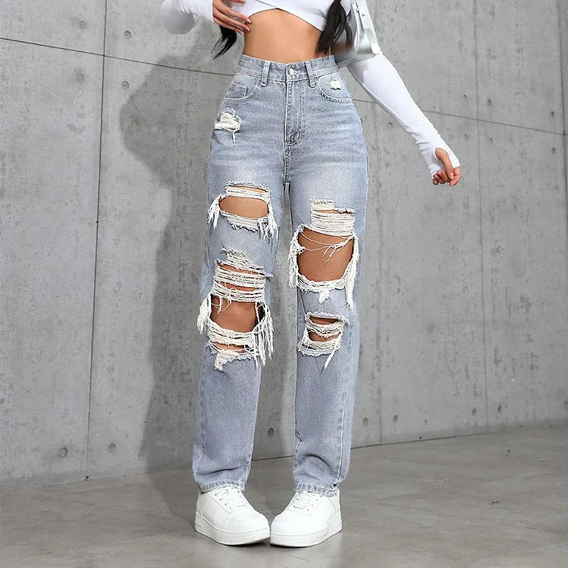 Women's Distressed Straight Leg Jeans Ripped Hole Denim Pants Casual Loose High Waist Street Style Trousers