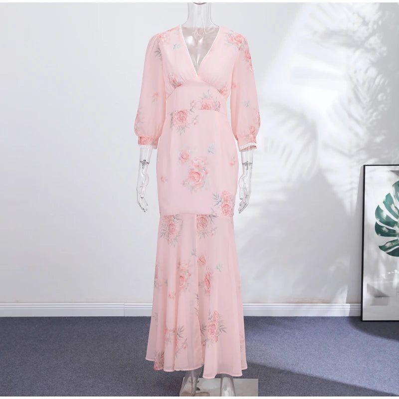 Elegant Print Women Long Dress Chic Ruffle Pleated Short Sleeve V-neck Waist-Closed Female Dresses 2026 Summer Beach Lady Robe