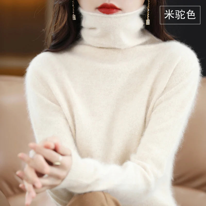 Women's Pile Collar 100% Mink Cashmere Sweater Winter High Collar Knitted Pullover Casual Short Thick Tops Loose Warm Base Shirt