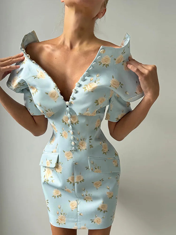Sexy Print Women's Dress Multi Button Shoulder Pad Waist Cinching Package Hip Short Sleeved Dresses Fashion Summer Daily Wear