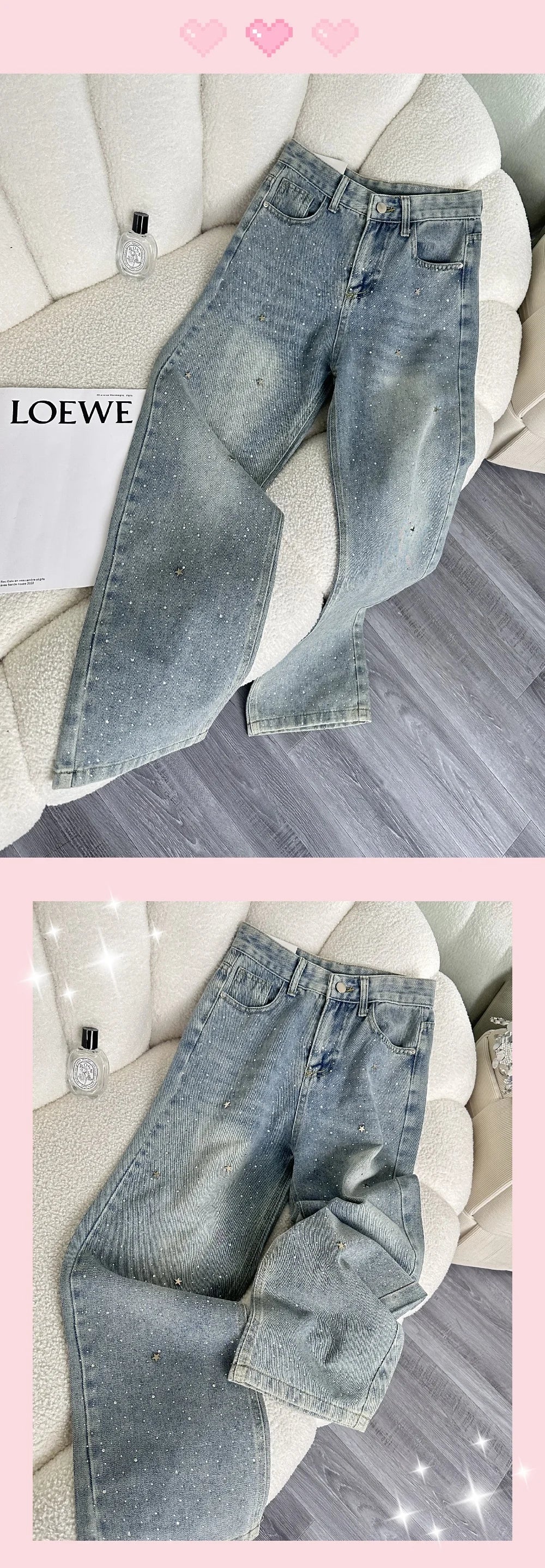 High Waist Shiny Sequin Star Design Casual Wide Leg Jeans Women's Light Blue Slimming Slim Fit Denim Pants Fashionable Versatile