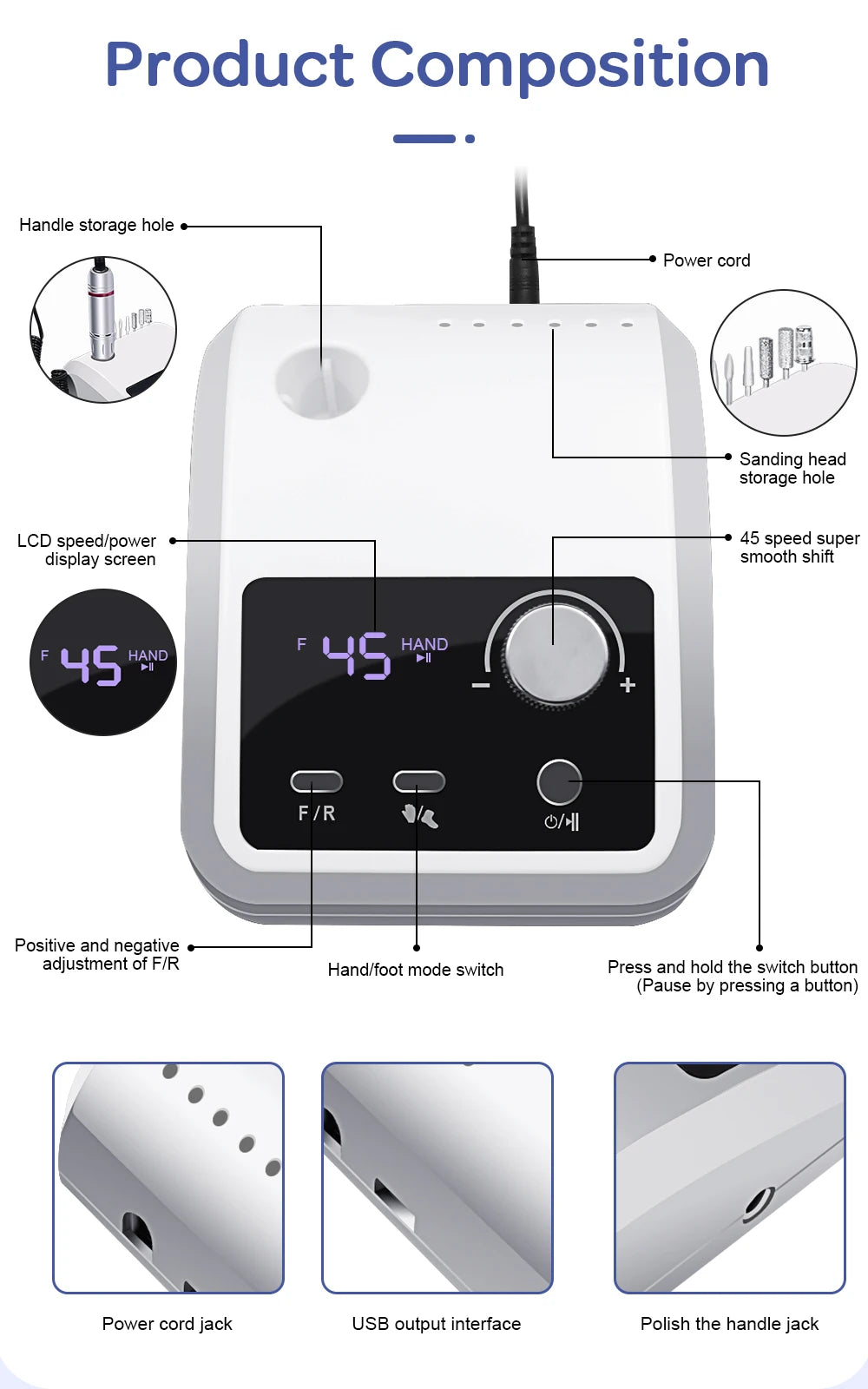 45000 RPM Electric Nail Drill Machine for Nails Electric File HD Display Metal Manicure Pen Professional nail lathe Sander