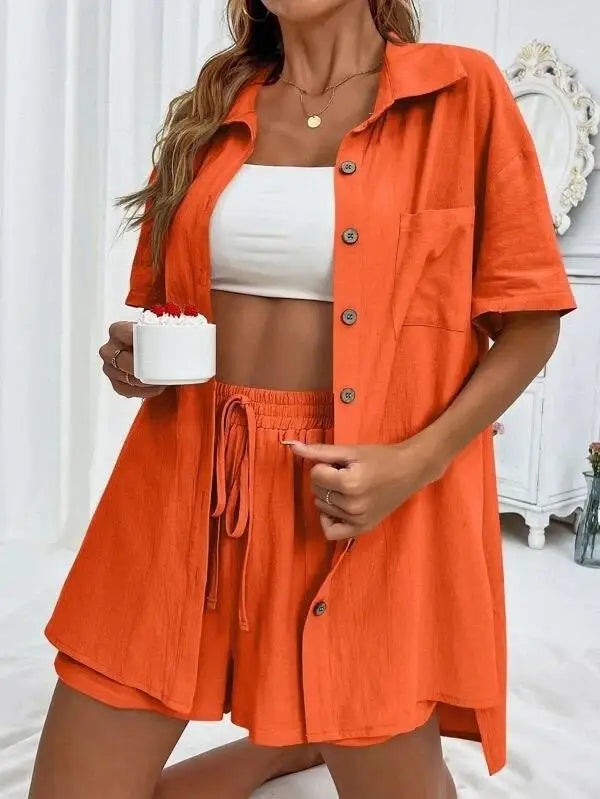 Solid Color Single Breasted Top Casual Loose Short Pants Sets Women Summer Women's 2 Pieces Suit Full Set Female Outfit Clothes