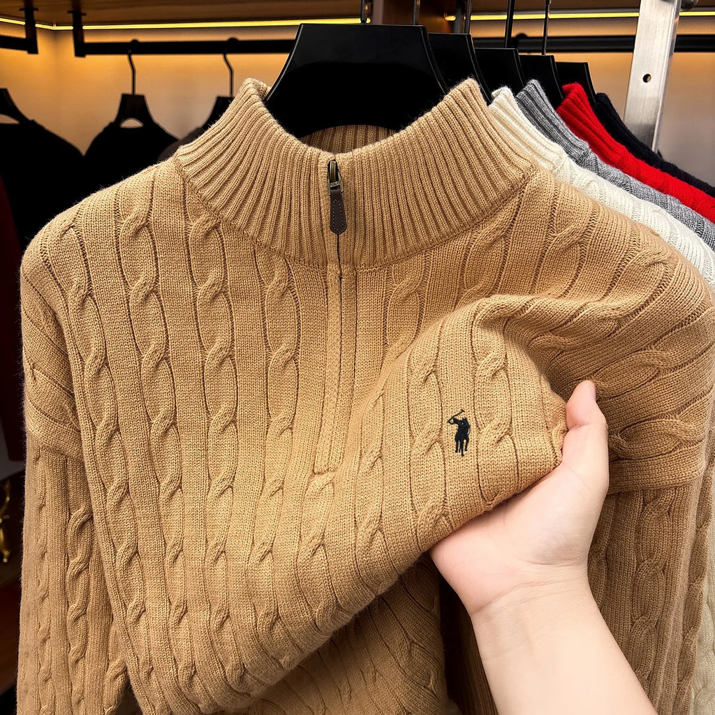 Fashion Half Zipper Sweater Men's Winter Warmth New exquisite jacquard design luxury brand golf pony embroidery knitted pullover