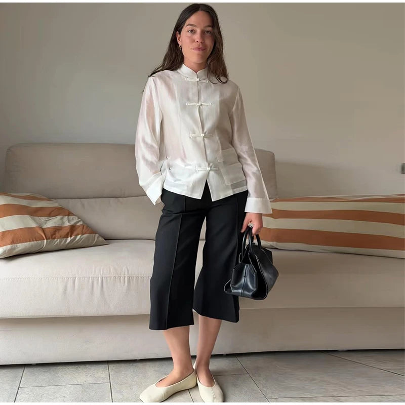 Loose Women's Frog Buttons Mandarin Shirts See Through Stand Collar Full Sleeve Blouses 2026 Summer Lady Cotton Linen Outwear