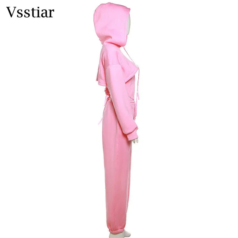 Vsstiar Women Three Piece Set Long Sleeve Hooded Crop Top Irregulary Tanks Pockets Pants Casual Tracksuit Fashion Female Clothes