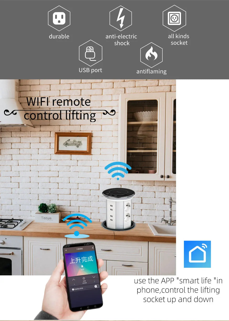 EU kitchen pop-up table socket, with wireless charger Protector intelligent desktop electric socket, automatic electric lift
